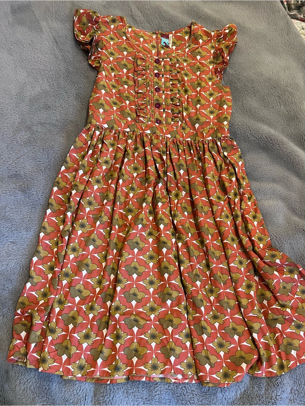 Matilda Jane Womens L Orange Green White Floral Fit & Flare Zip Button Ruffle